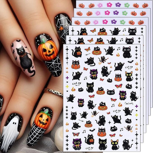6Pcs Halloween Nail Stickers Cat Ghost Nail Decals DIY Self Adhesive Cute Cartoon Pumpkin Flower Butterfly Nail Design Supplies Halloween Nail Decoration for Women Girls Holiday Manicure Accessories