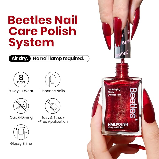 Beetles Red Glitter Nail Polish - 15ml Ruby Radiance Red, Air-Dry Shimmer for Christmas DIY Manicure