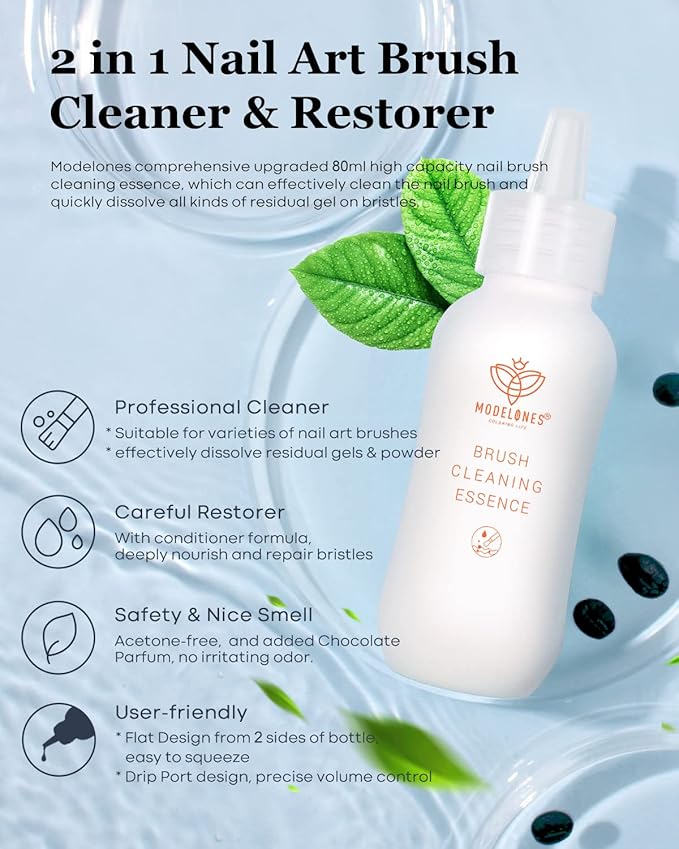 Modelones Nail Art Brush Cleaner & Restorer for Nail Polish/Extension Gel/Solid Builder Gel/Dip Powder/Acrylic Manicure Kits DIY Salon at Home - 80ml, W/Pro Brush