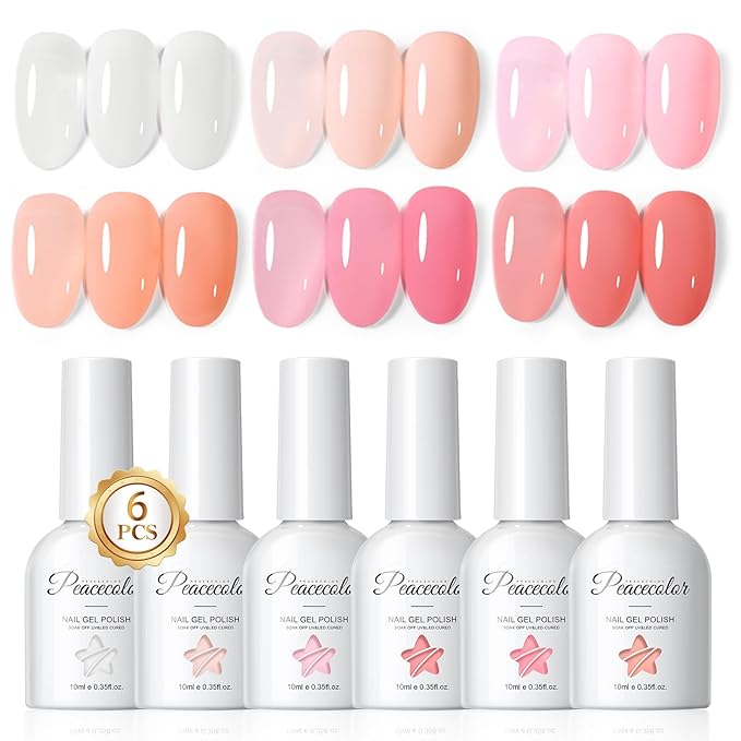 Peacecolor Jelly Gel Nail Polish Set 10ML 6pcs Pink Nude White Sheer Transparent Colors Soak Off Gel Polish Nail Art Manicure Gifts for Women Salon DIY at Home