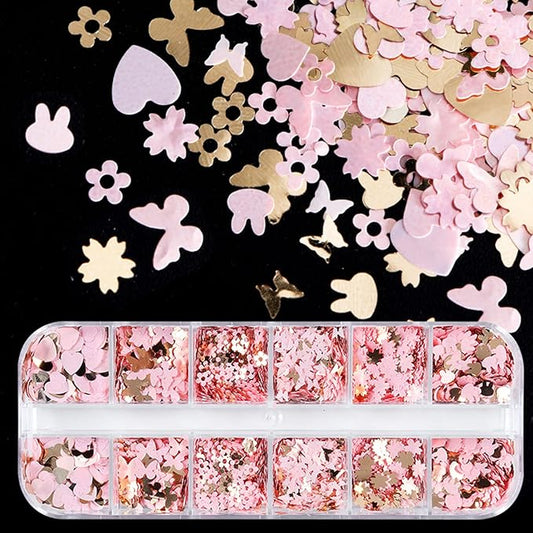 Nail Art Glitter Flakes, Mixed Love Heart Butterfly Flowers Leaf Rabbit Nail Sequins Designs, 3D Glitter Acrylic Nails Supplies for Women Girls Manicure Sparkly Decorations, DIY Resin Nail Art Tips