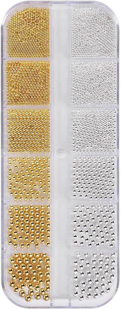 0.8mm Caviar Beads for Nails 6 Sizes Mini Small Stainless Steel Nails Art Decorations Gun Grey Beads DIY Tool Studs Accessories Gold Charms for Nails Small Gems Variety Pack(Yellow)