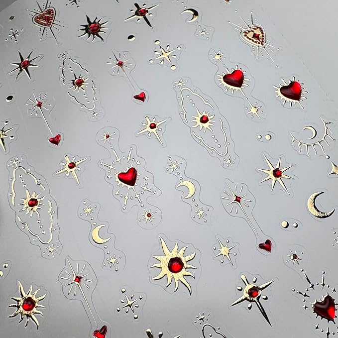 5D Embossed Gold Star Nail Stickers - Red Heart & Moon Nail Art Stickers for Valentine's Day DIY Manicure