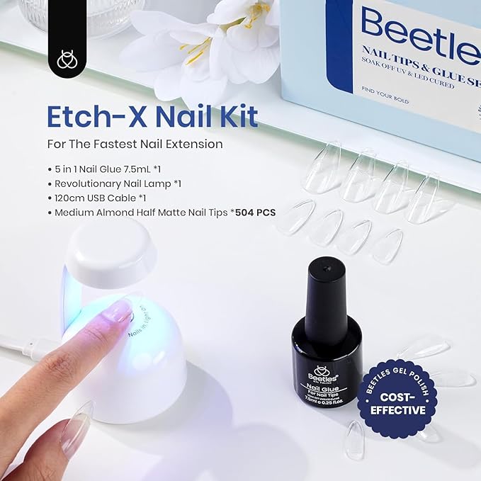 Beetles Gel Nail Kit Etch-X, Almond Medium, 500pcs 12 Sizes, with 9 in 1 Glue Mini Nail Lamp, Fall Nails, Pre-Etched Half Matte Easy Extension Set for Home DIY Salon Manicure Art