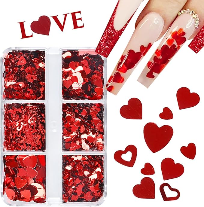 6 Grids Red Heart Nail Glitter Sequins Holographic Mixed Heart and Hollow Heart Nail Art Sequins Valentine's Day Laser Design Nail Charms Glitter Love Nail Flakes for Acrylic Nail Face Decor Supplies
