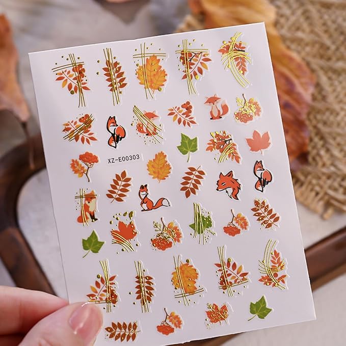 Autumn Nail Art Stickers Pumpkin Nail Stickers for Nail Maple Leaf Nail Decals Fall Leaves Wheat Foxes Design Gold Thanksgiving Nais Sticker for Decor Holiday Manicure Supplies for Women 6 Sheets