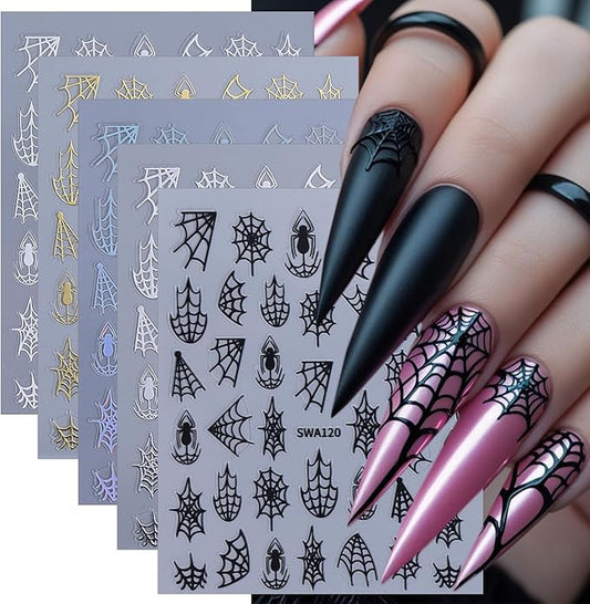 5 Sheets Halloween Nail Art Stickers Decals 3D Self-Adhesive Spider Web Nail Decals Black White Gold Silver Laser Spider Web Nails Stickers Gothic Nails Supplies for Women Halloween Party Nails Decor