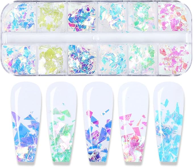 Mermaid Glitter Nail Art Sequins, Holographic 3D Iridescent Ultra Thin Transparent Shiny Nail Art Glitter Flakes Design, Glitter Irregular Nail Sequins Acrylic Supplies for Women Manicure Decorations