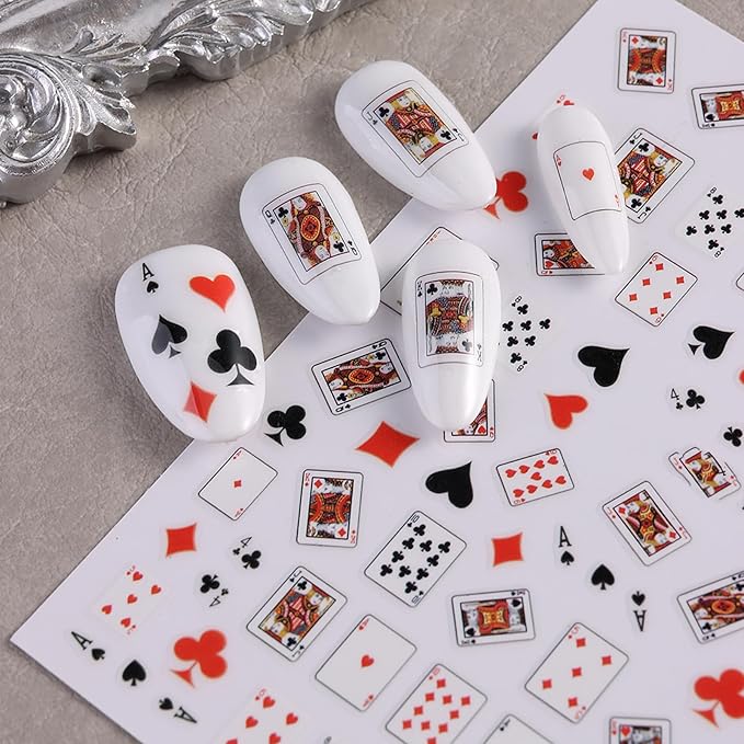 8 Sheets Poker Nail Art Stickers - Playing Card & Vegas Casino Theme Self-Adhesive 3D Nail Decals for DIY Slot Machine Winner Manicure