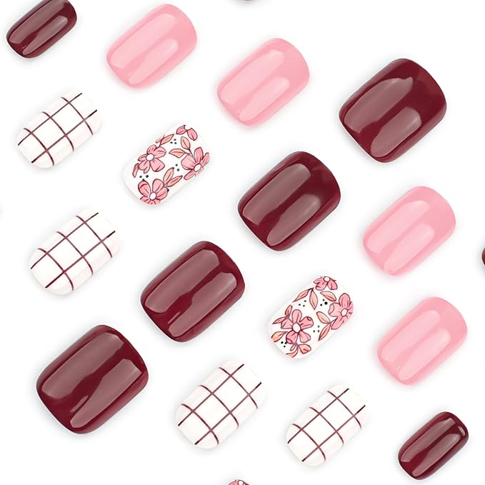 Press On Nails Short Square, Pink Fake Nails with Multicolored Nails and a Blend of Vintage and Romantic Designs, Glossy Gel Finish, Durable Reusable Acrylic Press On Nails Kit for Women