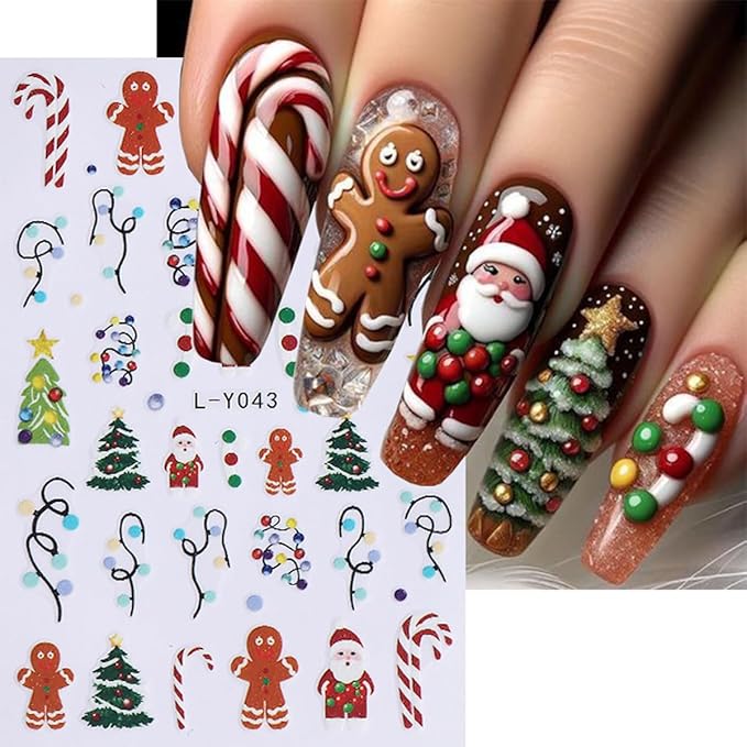 3 Sheets Christmas Nail Art Stickers Santa Claus Nail Decals with Xmas Tree Colored Light Design 3D Self-Adhesive Glowing Nail Stickers Acrylic Nail Supplies for Women DIY Christmas Decorations