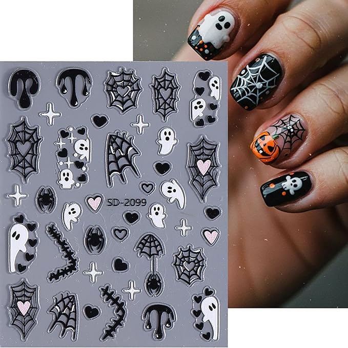 6 Sheets Halloween Nail Art Stickers Ghost Spider Web Skull and Pumpkin Nail Stickers Cute Nail Decals for Nails Art 3D Self-Adhesive Nail Art Supplies for Women Girls