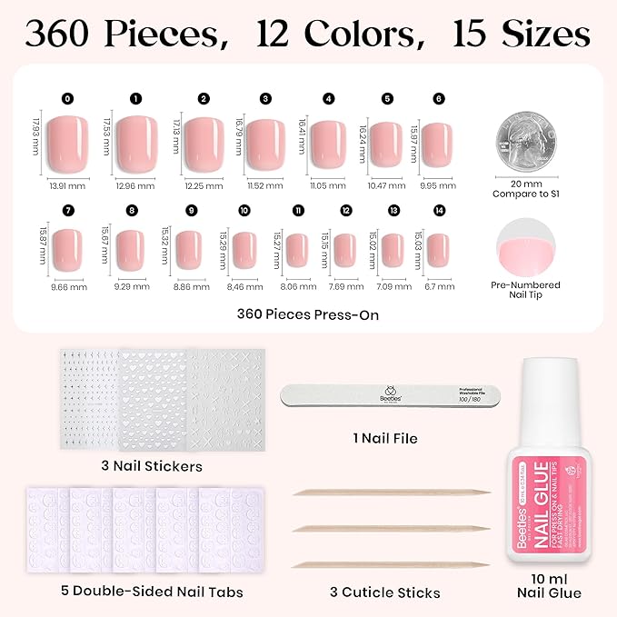 Beetles Press On Nails Kit - Caramel Drift | 360Pcs 12 Colors Short Square Press On Nails | 15 Sizes French Glossy Glitter Jelly With Nail Glue & Nail Tabs Stickers, Fake Nails Kit Art For Women
