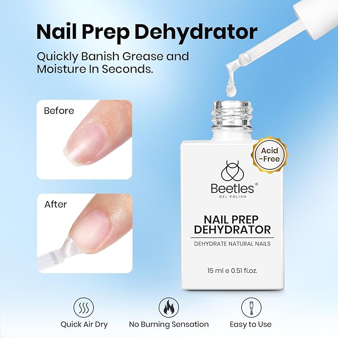 Beetles 4Pcs Gel Top Coat and Base Coat with Nail Dehydrator and Primer Set - Acid-Free & Hema-Free Nail Bond for Gel Polish & Acrylic Nails, Long-Lasting for Professional Manicure Prep Kit