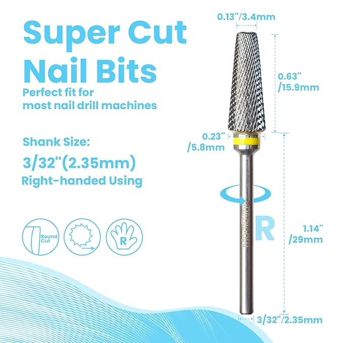 Super Cut 5 In 1 Tapered Barrel 3/32'' Safety Tungsten Nail Drill Bits, Upward teeth, Right handed, Suitable for Manicure Pedicure Cuticle Gel Polishing, Technicians Bits, Grit: Extra Fine.