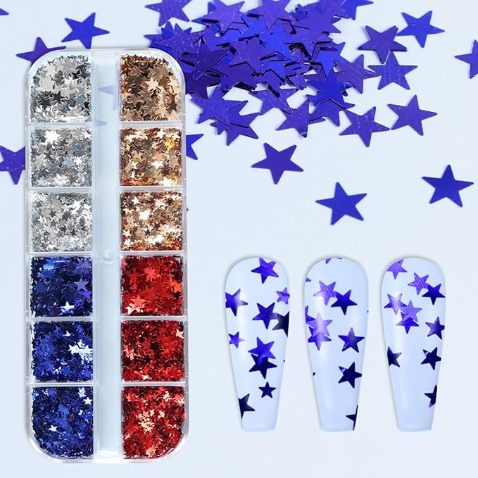 Independence Day Glitter Flakes 12 Grids Sequins Star Supplies Mixed Blue Red Crafts Charms Designs DIY USA Nail Art Decorations Accessories for Women Girl