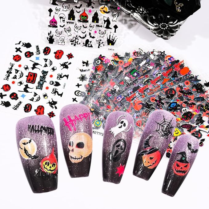 30 Sheets Halloween Nail Stickers Pumpkin Ghost Face Nail Charms Decals 3D Self Adhesive Spider Web Cat Bat Manicure Art Sticker for Acrylic Nails DIY Decorations