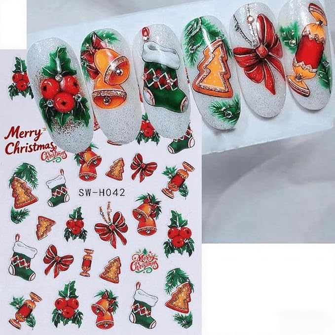 Christmas Nail Stickers Bow Stocking Snowman Nail Art Stickers Holiday Flower Candy Nail Decals 6Pcs Self-Adhesive Christmas Tree Design Sticker Holiday Nail Art Decoration for Women Manicure