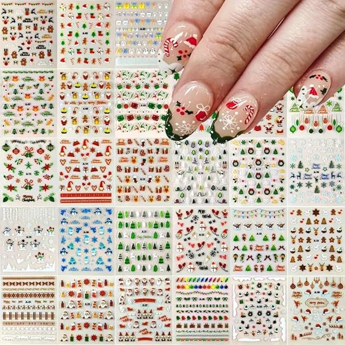 30 Pcs Christmas Nail Sticker 3D Self- Adhesive Nail Decals with Cute Penguin Deer Snowman Snowflake Elk Santa Claus Design Xmas Nail Art Stickers for Women Winter Holiday Nail Sticker(Christmas)