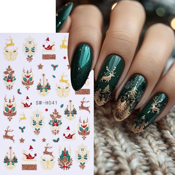 6Pcs Christmas Nail Stickers Red Bow Socks Little Bell Fruit Nail Decals DIY Self Adhesive Santa Claus Gold Tree Fireworks Design Nail Decoration Supplies Holiday Manicure Accessories for Women Girls