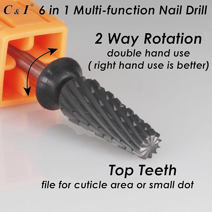 C & I Nail Drill Bit 6 in 1 Multi-function Rounded End E-file, Diamond Coat, CNC Overall Cut Nail Tools for Nail Techs Quick Remove Acrylic Nail Gels & Nail Art (Special Coat, Extra Coarse -XC)