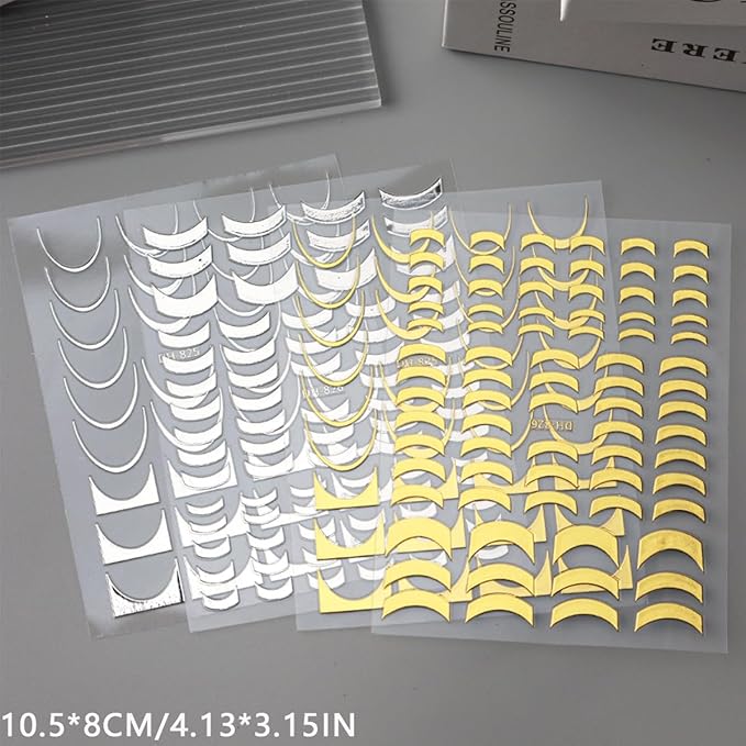 8 Sheets Gold Silver French Stripe Line Nail Stickers, 3D Self-Adhesive Decals with Gold Silver Geometric Waved Curve Lines Design for Elegant French Tips and DIY Manicure Decoration