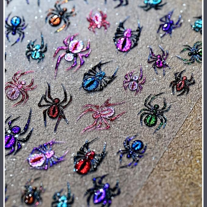 Halloween Nail Sticker 5D Embossed Scary Spider Nail Art Sticker Self Adhesive Nail Decals Colorful Spider Nail Art Decals for Nail Decoration Supplies for Women Girls DIY Manicure