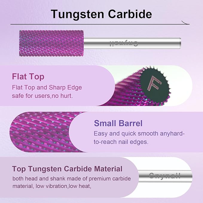 3/32" Small 5.35MM Barrel Bit Tungsten Carbide Nail Drill Bit Safety Bit for Gel & Acrylic Removal, 2- Way Rotating Efile Tip, Salon Electric File Accessory (F Girt, Purple)