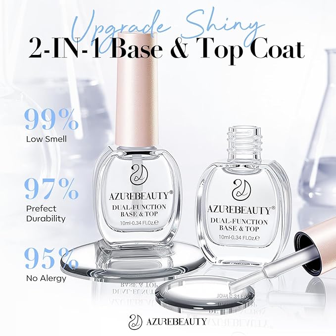 AZUREBEAUTY 2-in-One Clear Base & Top Coat Nail Polish Strengthener Set – Quick Dry, High Shine, Long Lasting, Air Dry, 2 Bottles 10ml, Gentle Formula, Natural Ingredients, Salon Quality