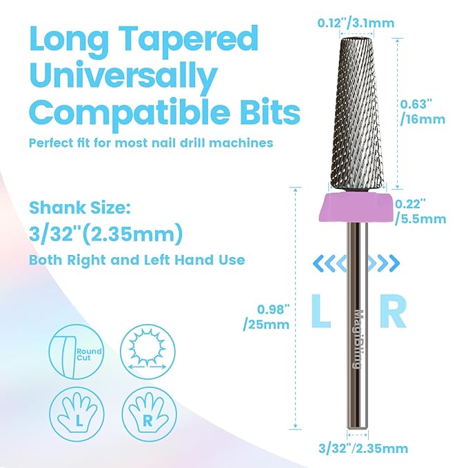 16mm 5 in 1 Tapered Barrel Nail Drill Bits, 3/32'' Safety Tungsten Carbide Bits for Professionals, Right & Left Rotation, Manicure Cuticle Gel Acrylic Removal Polishing, Technicians Bits, Double Fine.