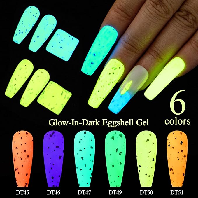 MEET ACROSS Glow in the Dark Eggshell Gel Nail Polish Set, 6 Colors Luminous Neon Gel Nail Polish Fluorescent Bright Colors Hot Pink Yellow Purple Nail Polish Soak off Nail Art Manicure Salon