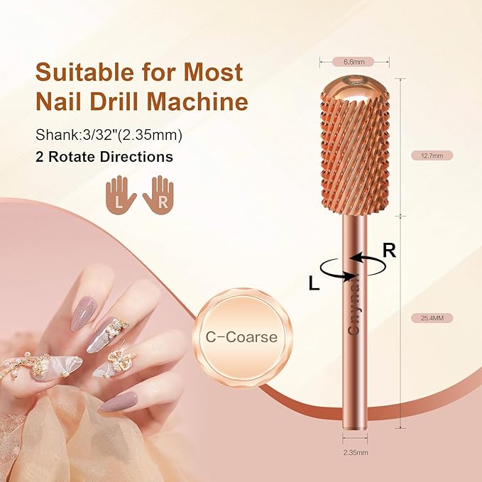 3/32" Large Barrel Smooth Round Top Tungsten Carbide Nail Drill Bit Safety Bit for Gel & Acrylic Removal, 2-Way Rotating Efile Tip, Salon Electric File Accessory (C Grit, Rose Gold)
