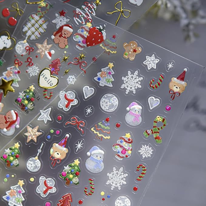 Christmas Nail Art Stickers Xmas Tree Snowman Self-Adhesive Xmas Nail Decals Nail Art Supplies 1PCS Shell Light Lantern Ball Star Gingerbread Man 5D Embossed Christmas Stickers for Nails Decoration