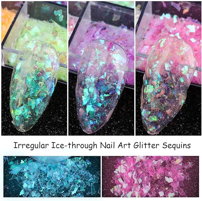 12 Grids Flaky Nail Art Glitter Sequins 3D Holographic Acrylic Nail Art Flakes Irregular Mermaid Nail Glitters Colorful Fluorescent Glass Paper Nail Sequins Women Party DIY Nail Beauty Accessories