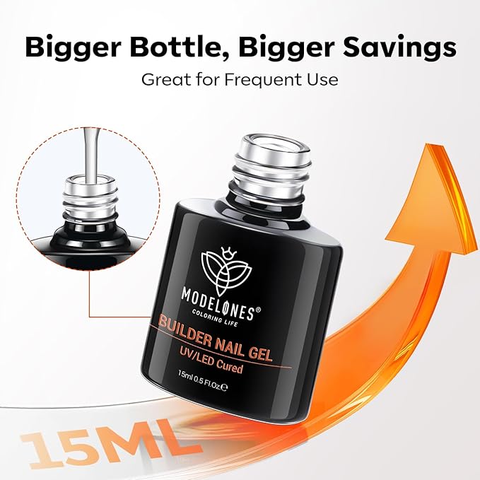 modelones Builder Nail Gel, 7-in-One Clear Builder Nail Polish with Detachable Liner Brush, 15ml LED Lamp Cured Rubber Base Gel Polish Strengthener Color Base Coat Thickening Solution