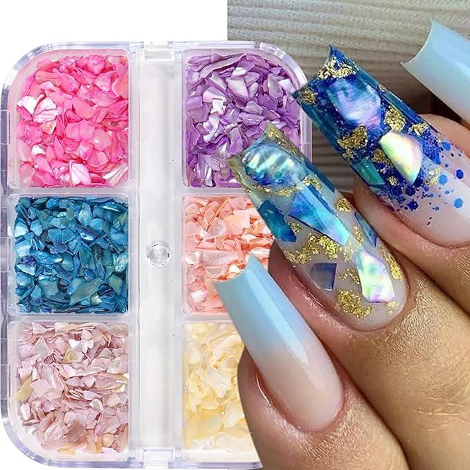 6 Grid Colorful Shell Glitter Sequins Nail Accessories Mix 6 Colors Manicure Shell Nail Art Glitter Flakes 3D Nails Supplies Jewelry Studs Nail Decoration Kit Suitable for Women Sparkly Acrylivc Nail