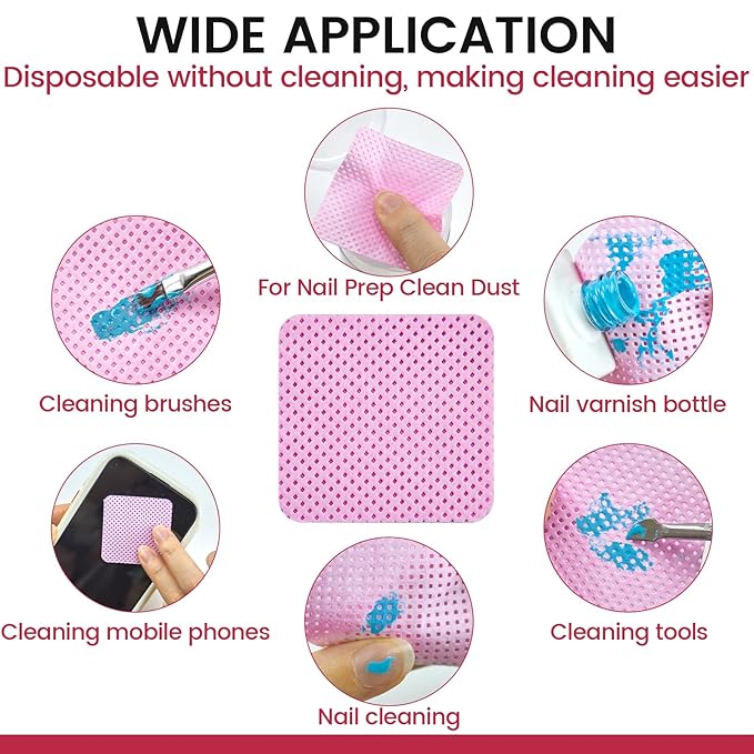 Lint Free Nail Wipes in storage case, Non-Woven Soft Nail Polish cleaner Wipes, Super Absorbent Pad for Fingernail Polish Remover - Eyelash Extension - Finger Art Supplies (1080 Pink)