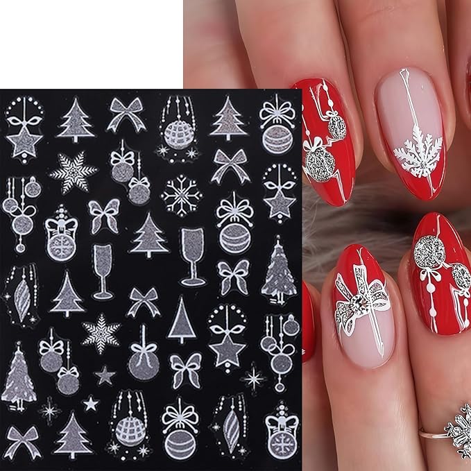9 Sheets New Year Nail Stickers 3D Self-Adhesive Santa Claus Christmas Snowflake Nail Decals Elk Bow Xmas Tree Snowball Nail Art Stickers Butterfly Star Nail Decoration Supplies for Women Nail Designs