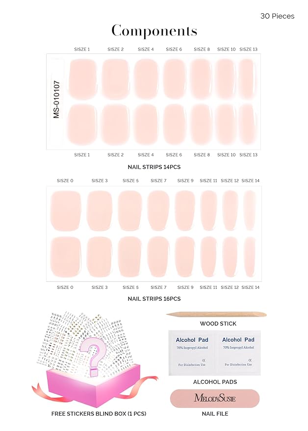 MelodySusie 30PCS Semi Cured Gel Nail Strips, Creamy Pink, Salon Quality, Long Lasting, Easy to Apply, Includes 2 Prep Pads, Nail File and Wooden Stick