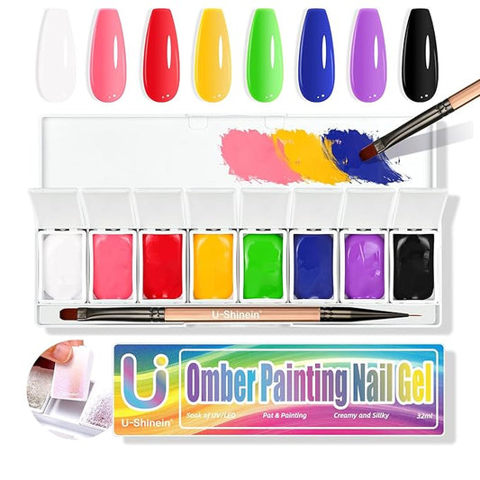 Omber Painting Nail Gel Kit, 8 Multi-functional Bright Colorful Gradient Gel Nail Polish for Pigment Pat Set, Painting White&Black Gel French Manicure No-wipe Soak of UV DIY Nail Art