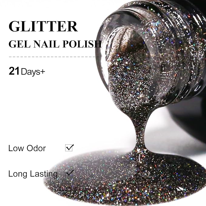 Imtiti Gel Nail Polish Sheer Glitter Black 3 in 1 One Step Color Soak Off UV LED Spring Summer Art Starter Manicure Salon DIY at Home, 0.5 Fl Oz