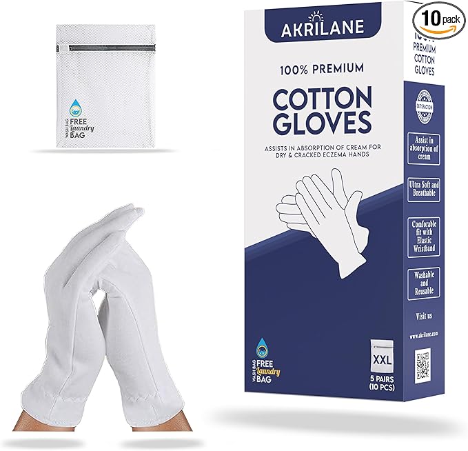 XXL Extra Extra Large 5 Pairs 100% Premium Cotton Gloves for Dry Hands | Moisturizing Overnight Gloves for Eczema, Psoriasis & Skin Spa Treatment for Women & Men | Free Laundry Bag