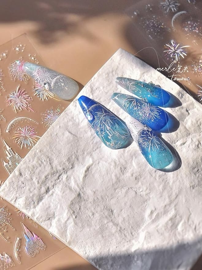 Fireworks Nail Stickers 5D Embossed – Premium Salon-Quality Nail Charm Accessories, Easy Application & Self-Adhesive Pink Festival Theme Park Sticker, DIY Manicure, Nail Art, Press on, Home or Salon
