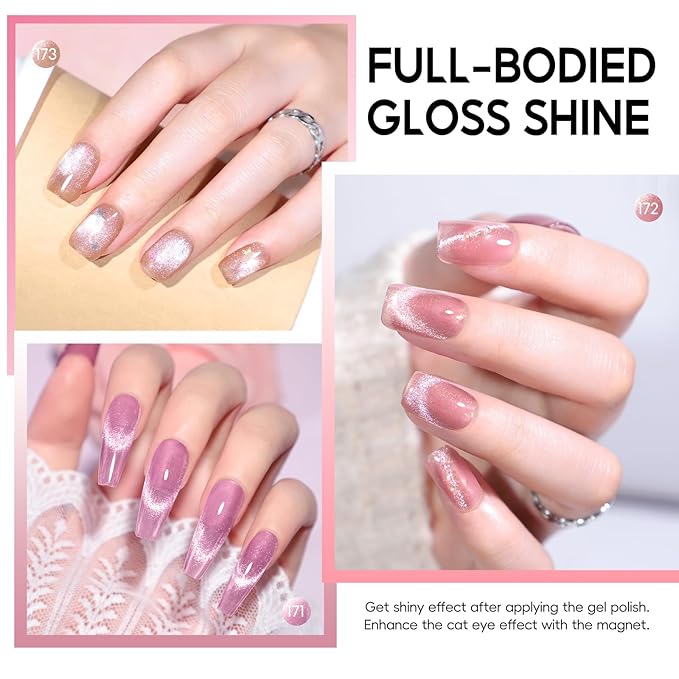Cat Eye Gel Nail Polish Set 6 Colors Glassy Milky Nude Pink Glitter Transparent Jelly Cateye Magnetic Kit Salon at Home DIY Gifts for Women