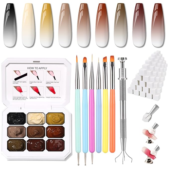 Sponge Pat Paint Nail Gel & Tools Kit, 9 Colors Ombre Nails Gradient Gel Nail Blush Blooming Aura Nails Drawing Stripper Floral Painting Nail Art, No Wipe, UV/LED Curing (9 Colors Set B)