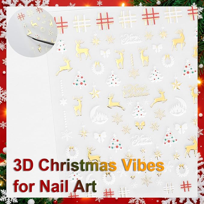 Allstarry Christmas Nail Stickers, 6 Sheets Christmas Nail Decals Chrome Gold Xmas Trees Snowflakes Snowman Reindeer Bow Winter Nails Sticker for Women Girl Gifts