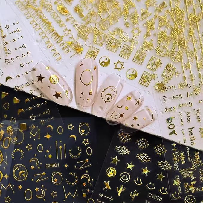 30 Sheets Gold Nail Stickers Star Moon Nail Art Stickers 3D Embossed Self Adhesive Nail Decals Letter Heart Nails Design Summer Nail Art Decals for Women Manicure DIY Decoration