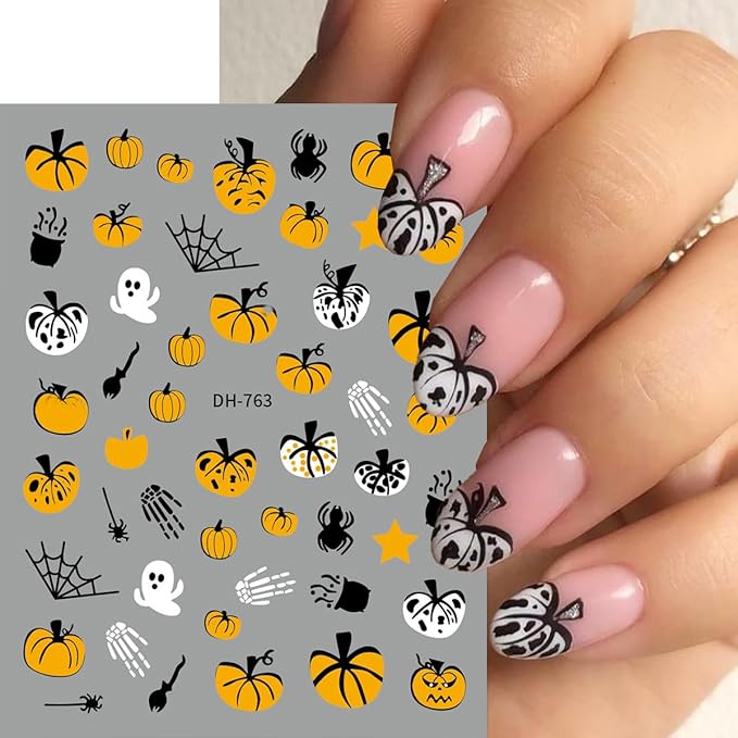 Halloween Nail Stickers Spider Web Nail Decals Pumpkin Nail Art Stickers Ghost Heart Star French Tips Design Self Adhesive Nails Sticker for Nails Art for Women DIY Holiday Manicure Supplies 8 Sheet