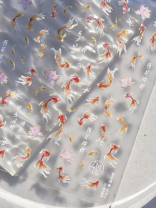 Golden Koi Fish Nail Stickers 5D Embossed – Premium Salon-Quality Nail Charm Accessories, Easy Application & Self-Adhesive Red Koi Lotus Sticker for DIY Manicure, Nail Art, Press on, Home or Salon Use