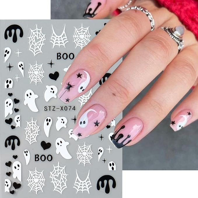 Halloween Nail Art Stickers Halloween Ghost Spider Web Nail Decals 6PCS Cute Ghost Love Heart Spider Web Boo Spider Blood Drip Self-Adhesive Nail Art Supplies Manicure Stickers for Holiday Nail Design